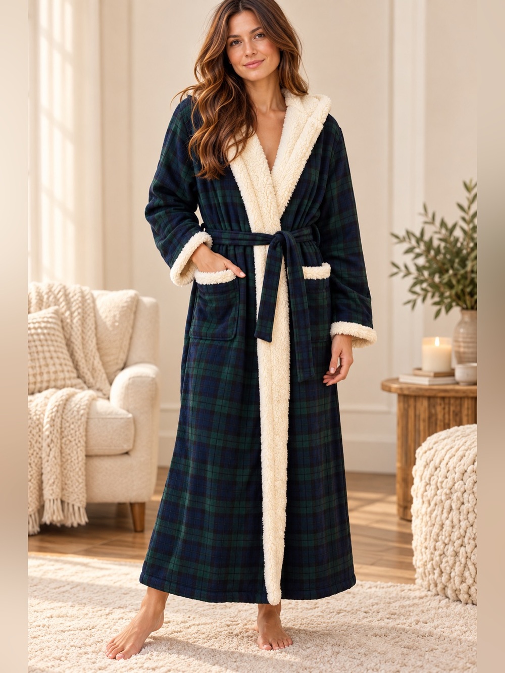 L.L.Bean Green Black Plaid Sherpa Hooded Robe XL Full Length
